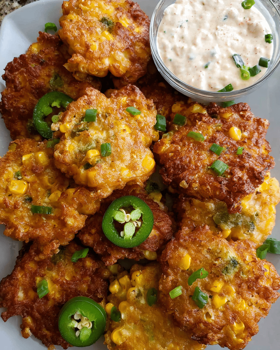 Golden jalapeño corn fritters served with spicy ranch dip