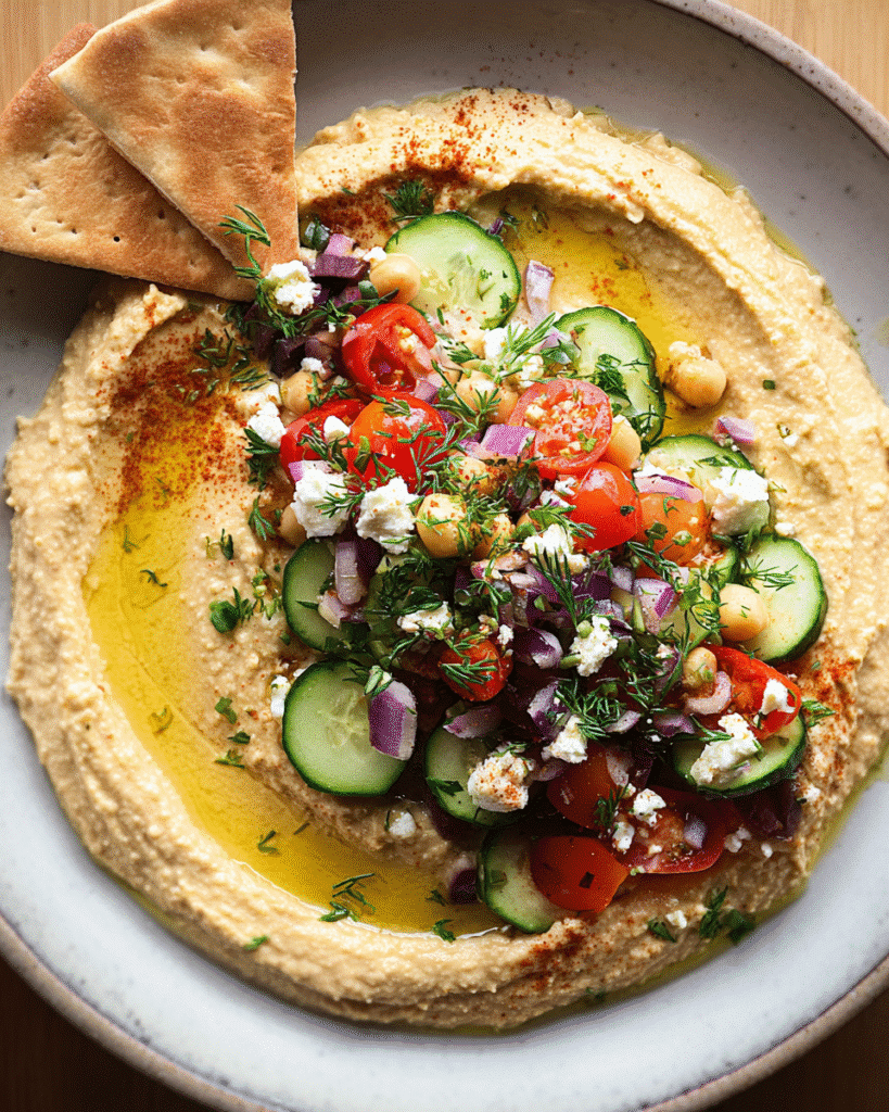 Loaded hummus platter topped with cucumber tomatoes feta olives and fresh herbs