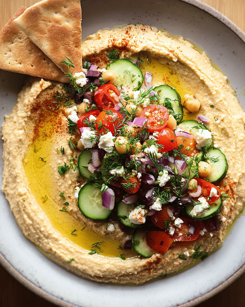 Loaded hummus platter topped with cucumber tomatoes feta olives and fresh herbs