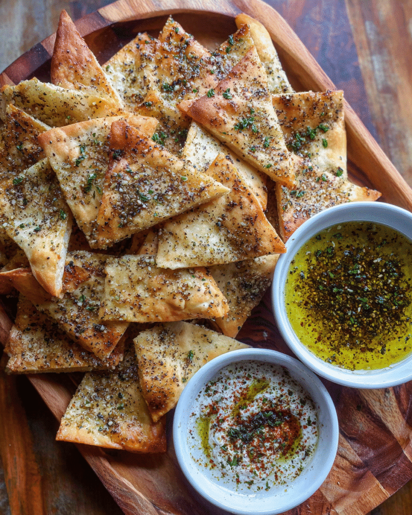Homemade Mediterranean pita chips baked with zaatar seasoning