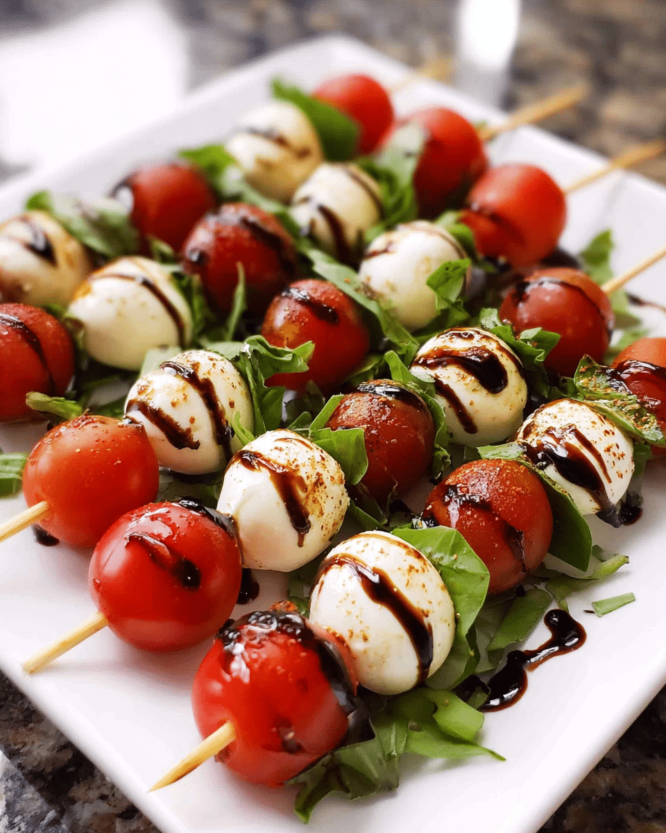 Mini caprese skewers with mozzarella, cherry tomatoes, basil, and balsamic glaze