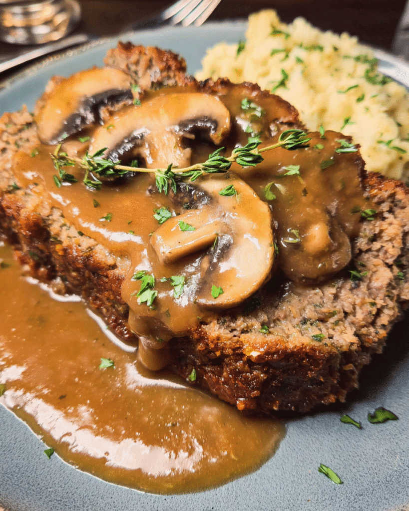 Slice of old fashioned meatloaf with mushroom gravy on a dinner plate