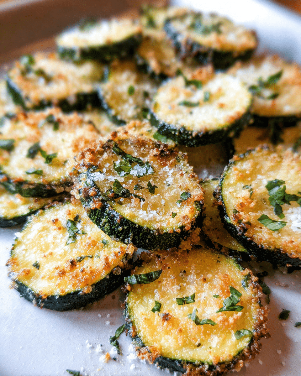Golden baked parmesan zucchini chips on a serving platter