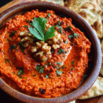 Bowl of roasted red pepper dip with walnuts, olive oil, and parsley served with warm pita bread