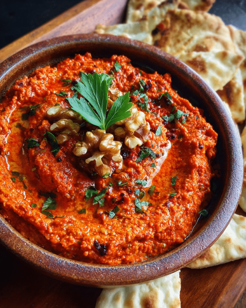 Bowl of roasted red pepper dip with walnuts, olive oil, and parsley served with warm pita bread