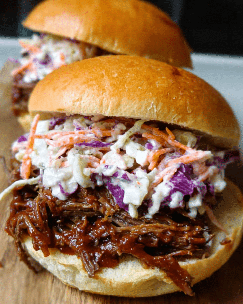 Slow cooker BBQ beef sandwiches topped with fresh coleslaw