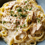 Creamy slow cooker chicken Alfredo served with Parmesan and parsley