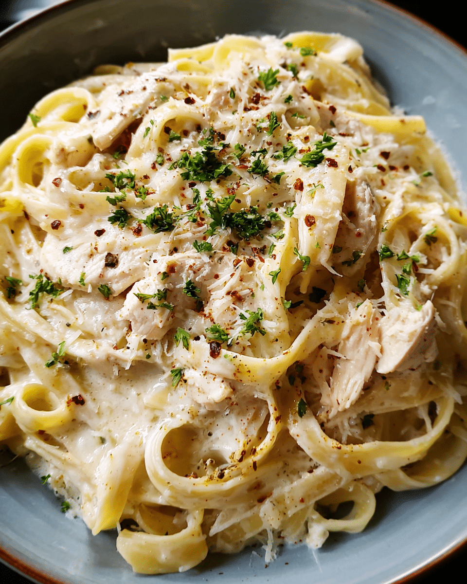 Creamy slow cooker chicken Alfredo served with Parmesan and parsley