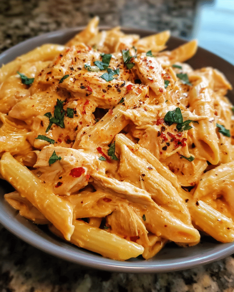 slow cooker creamy chicken pasta in a bowl