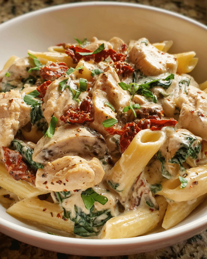Creamy slow cooker chicken pasta with spinach and parmesan