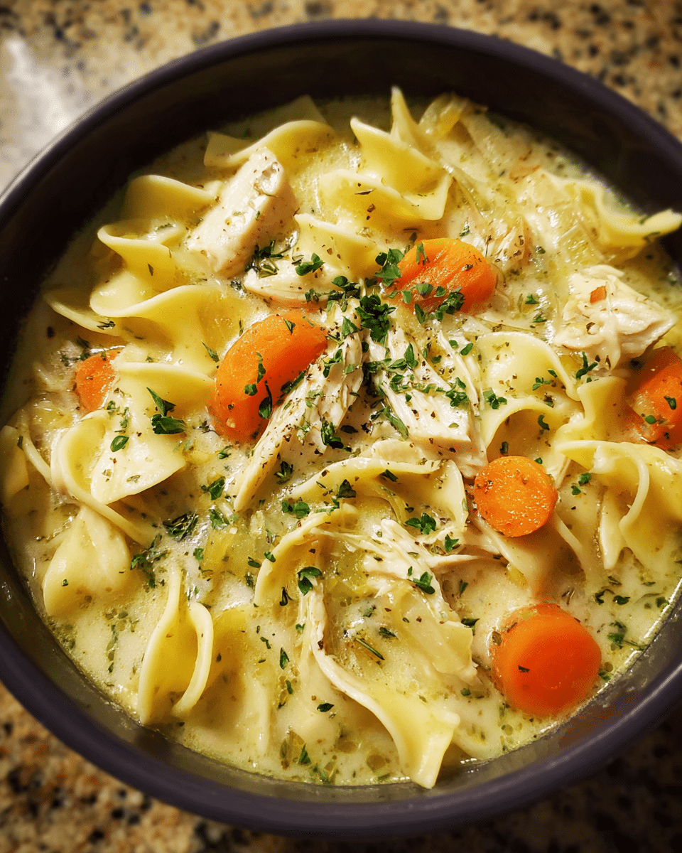 creamy chicken noodle soup in slow cooker bowl