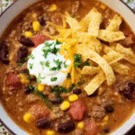 Bowl of slow cooker creamy taco soup topped with avocado and cilantro