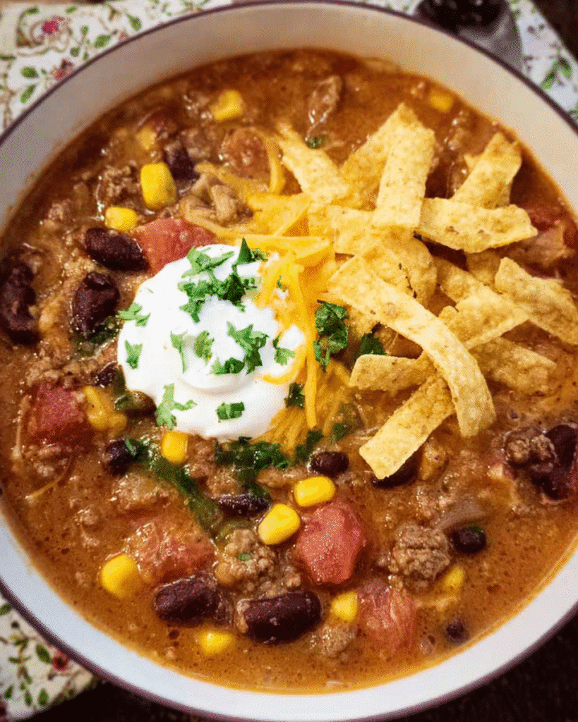 Bowl of slow cooker creamy taco soup topped with avocado and cilantro