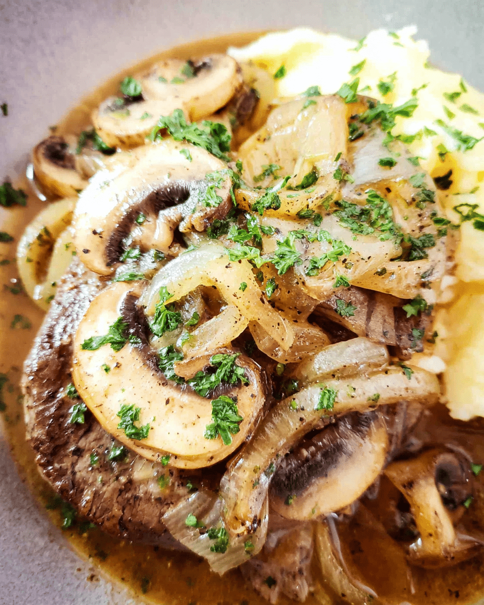 Slow cooker French onion beef served over mashed potatoes with melted Swiss cheese
