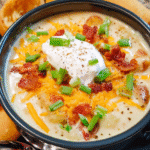 Creamy slow cooker potato chowder topped with cheddar cheese and green onions