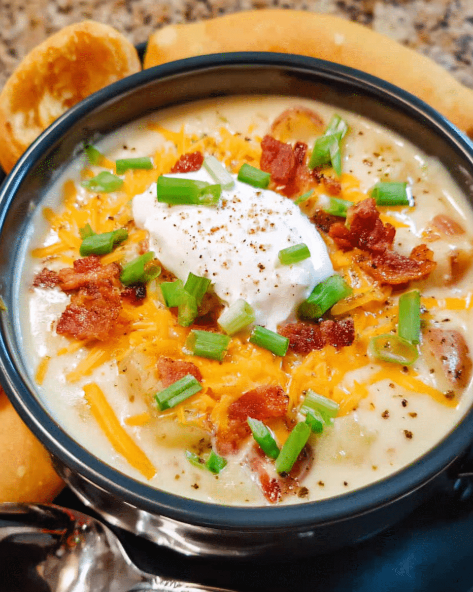 Creamy slow cooker potato chowder topped with cheddar cheese and green onions