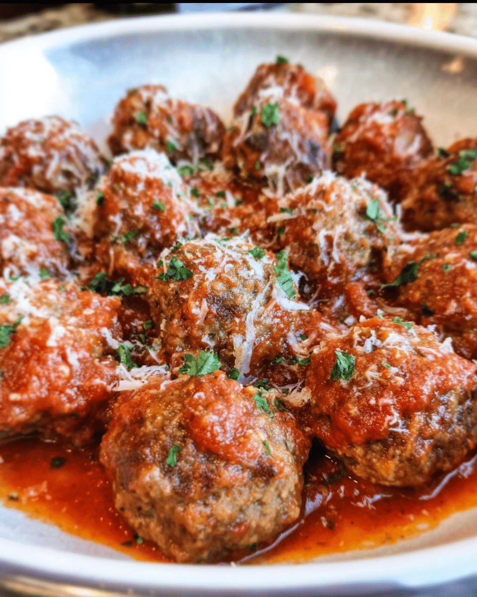 Slow cooker meatballs simmering in rich marinara sauce