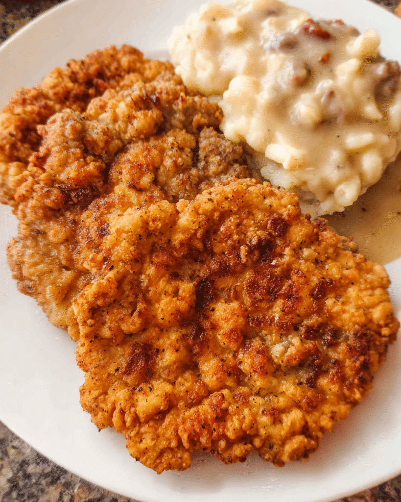 Crispy southern chicken fried steak topped with creamy country gravy