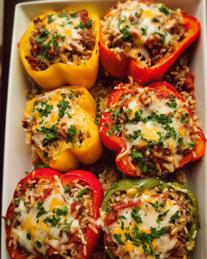 Baked stuffed bell peppers filled with beef rice marinara and melted cheese
