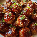 Sweet chili meatballs glazed with a shiny sweet and savory sauce
