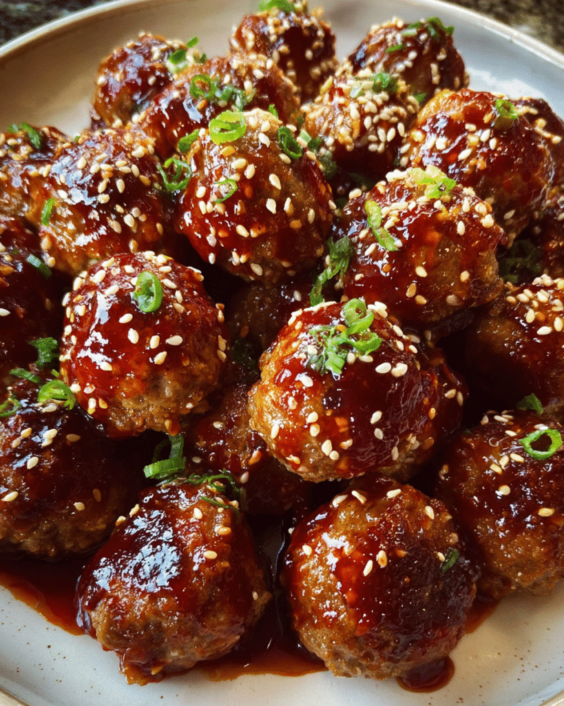 Sweet chili meatballs glazed with a shiny sweet and savory sauce
