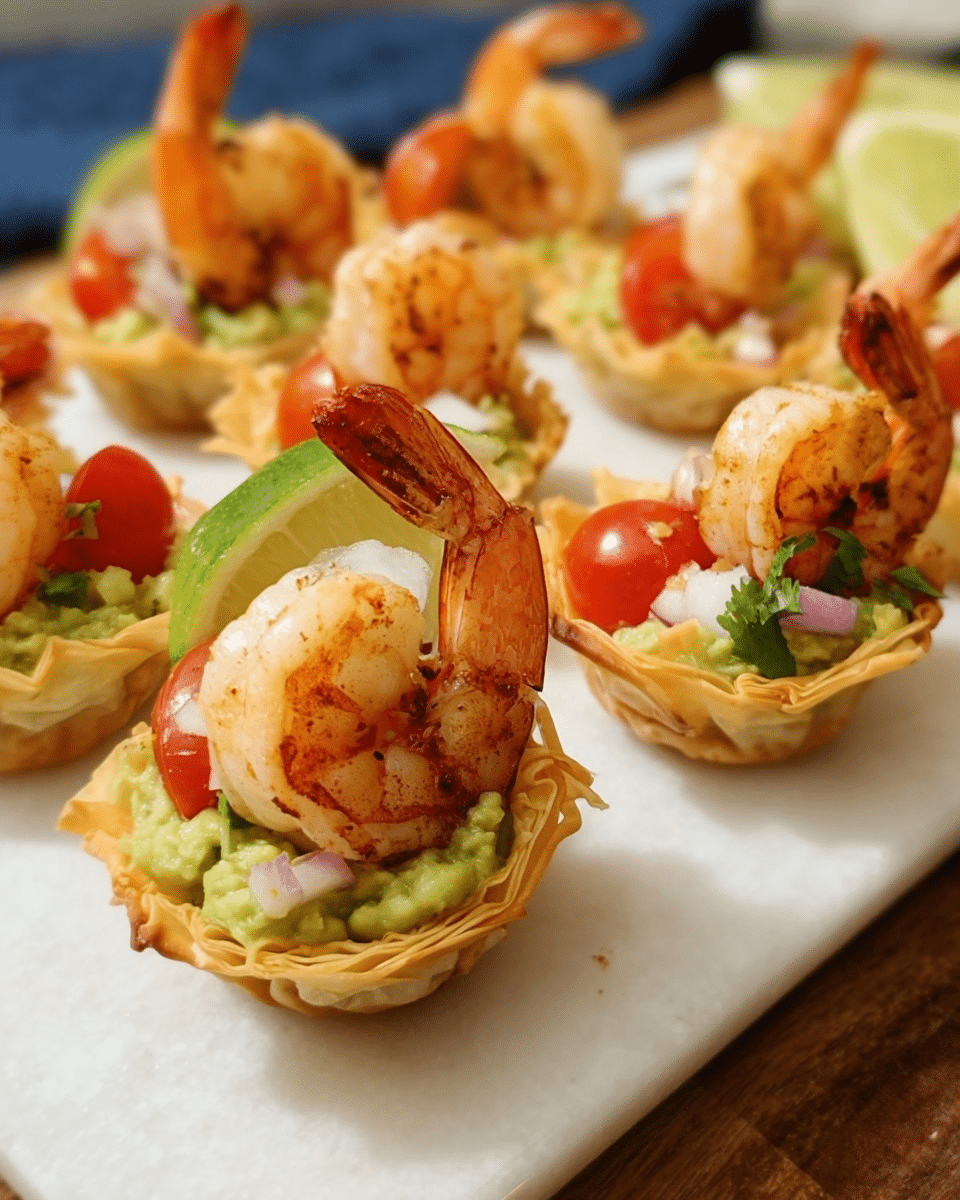 Avocado shrimp cups served in crispy phyllo shells with tomatoes and Greek yogurt
