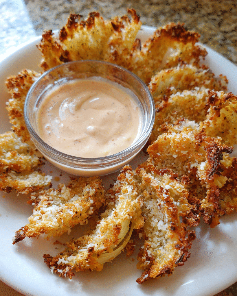 Crispy baked onion petals served with creamy dipping sauce
