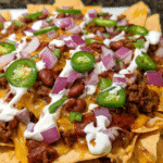 Cheesy chili nacho cups topped with queso, sour cream, red onion, and jalapeños