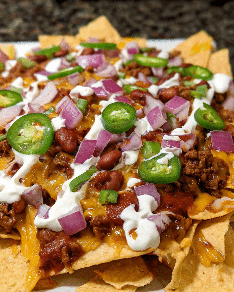 Cheesy chili nacho cups topped with queso, sour cream, red onion, and jalapeños