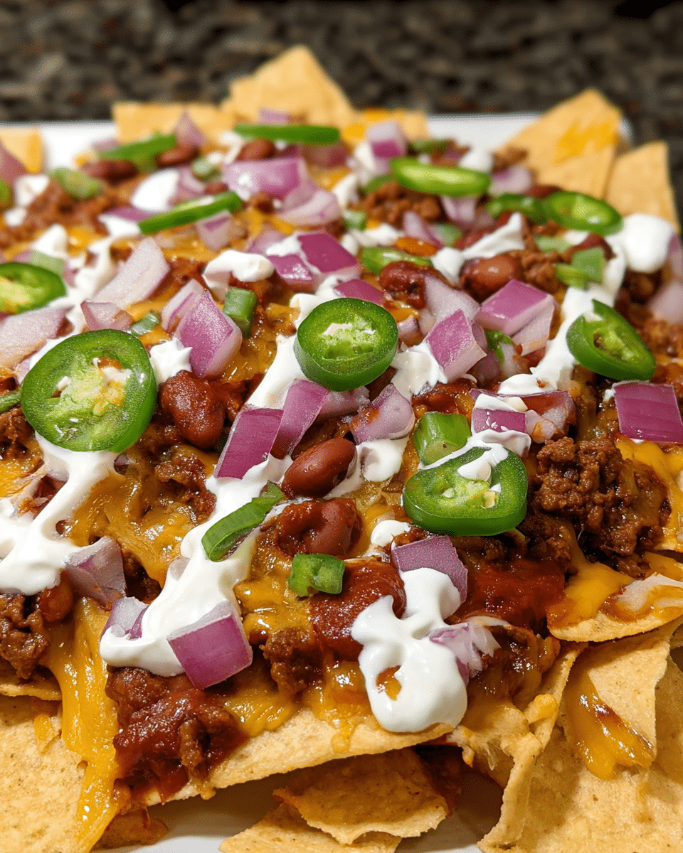 Cheesy chili nacho cups topped with queso, sour cream, red onion, and jalapeños