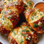 Freshly baked cheesy garlic pretzels stuffed with melted cheese and brushed with garlic butter