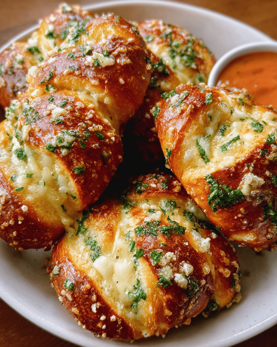 Freshly baked cheesy garlic pretzels stuffed with melted cheese and brushed with garlic butter