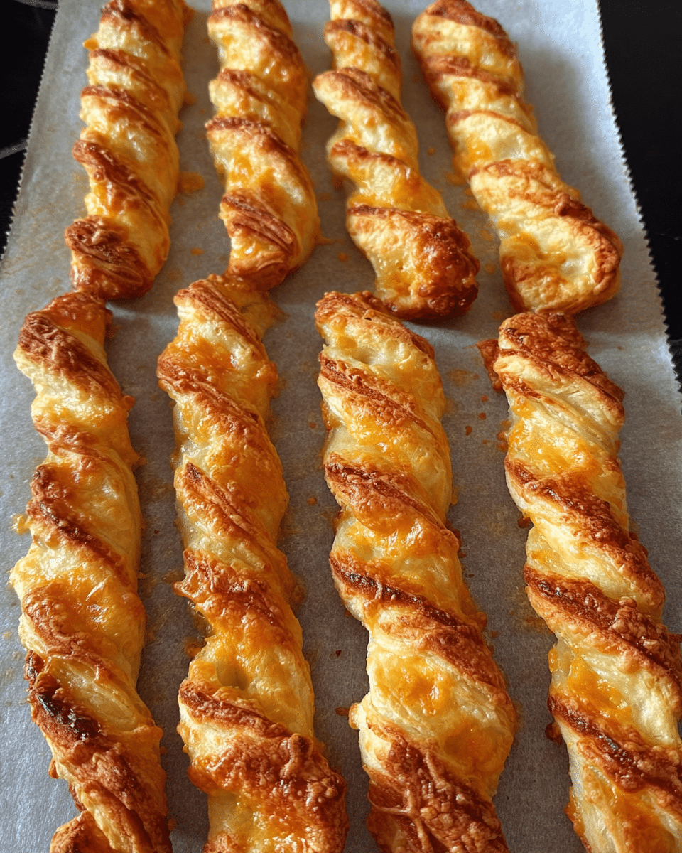 Golden cheesy puff pastry twists freshly baked on a serving tray