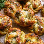 Fresh garlic butter pretzel knots topped with herbs, Parmesan, sesame seeds, and melted cheese