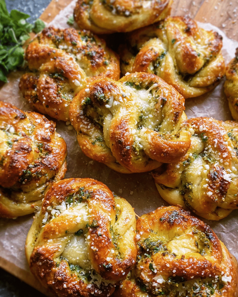 Fresh garlic butter pretzel knots topped with herbs, Parmesan, sesame seeds, and melted cheese