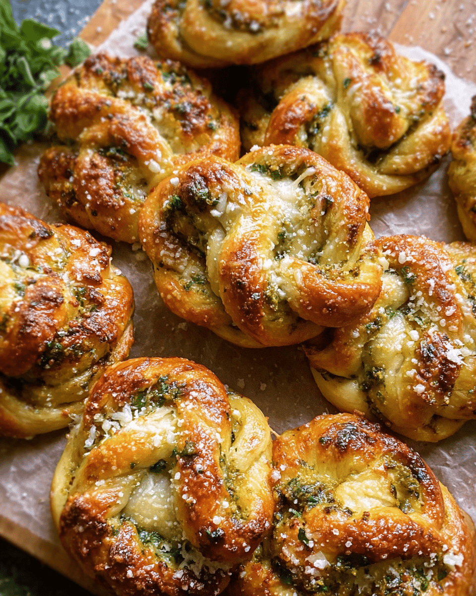 Fresh garlic butter pretzel knots topped with herbs, Parmesan, sesame seeds, and melted cheese
