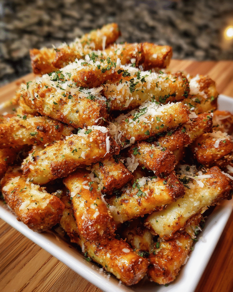 Homemade garlic parmesan pretzels baked until crispy and coated with buttery garlic seasoning