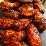 Honey sriracha wings coated in a sticky sweet and spicy glaze