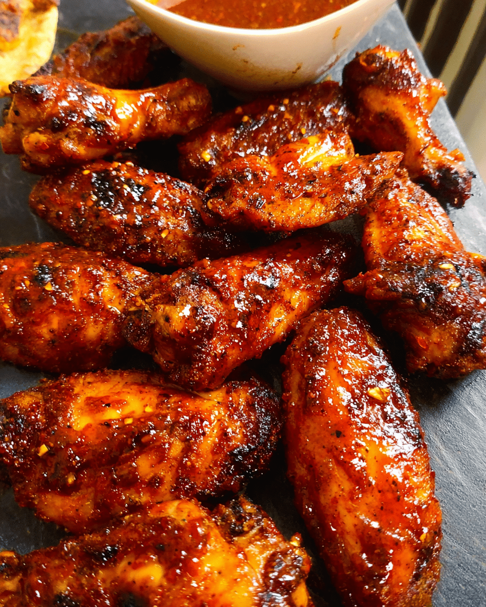 Honey sriracha wings coated in a sticky sweet and spicy glaze