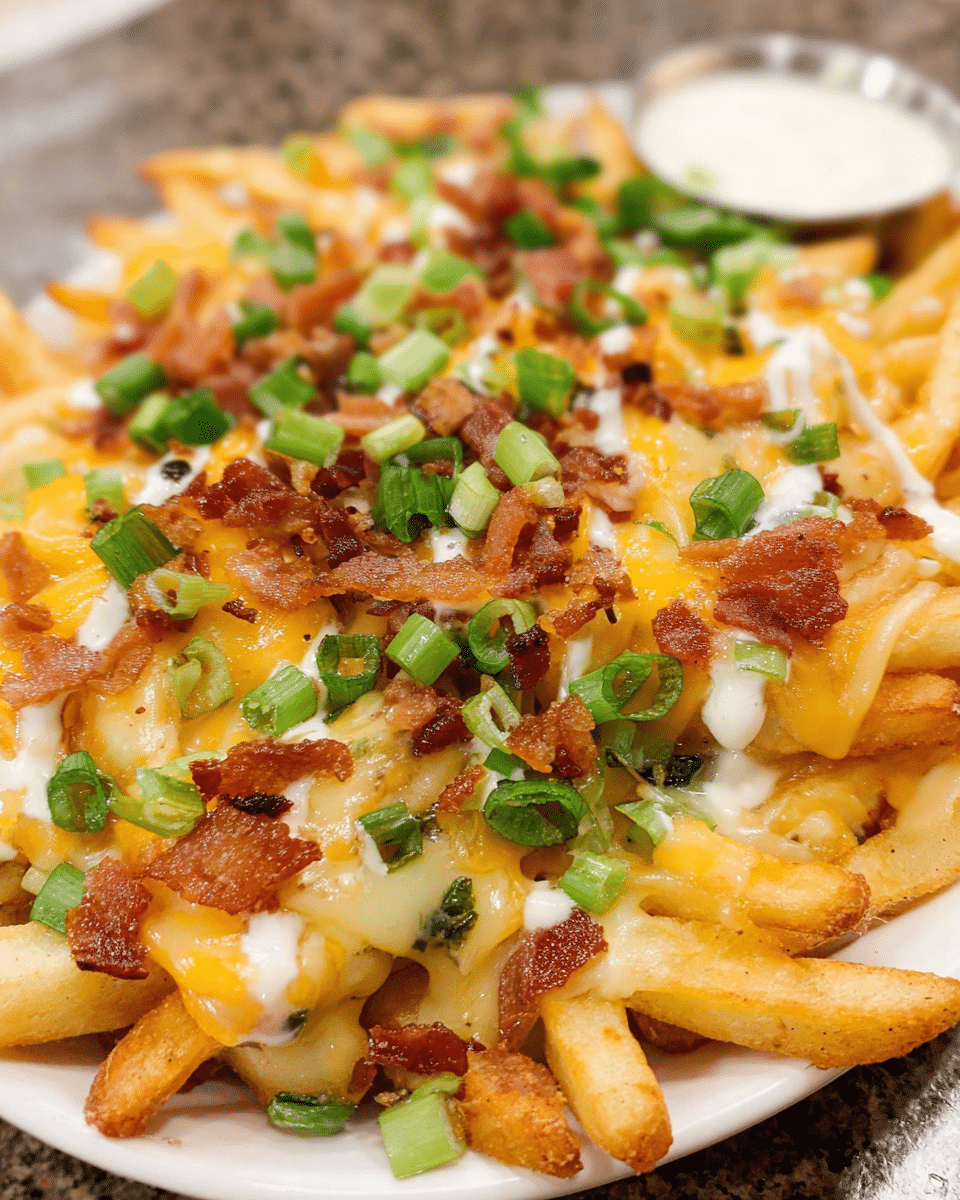 Loaded cheese fries topped with melted cheddar, mozzarella, turkey bacon, and green onions