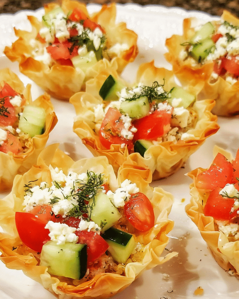 Mediterranean feta bites served in crispy phyllo pastry shells with cucumber tomato filling