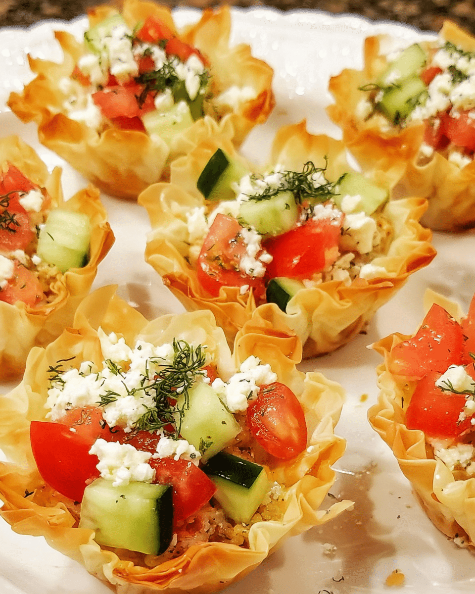 Mediterranean feta bites served in crispy phyllo pastry shells with cucumber tomato filling