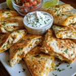 Mini quesadilla wedges served with lime crema and fresh garnishes