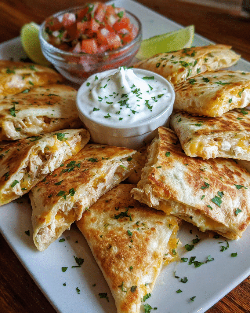 Mini quesadilla wedges served with lime crema and fresh garnishes