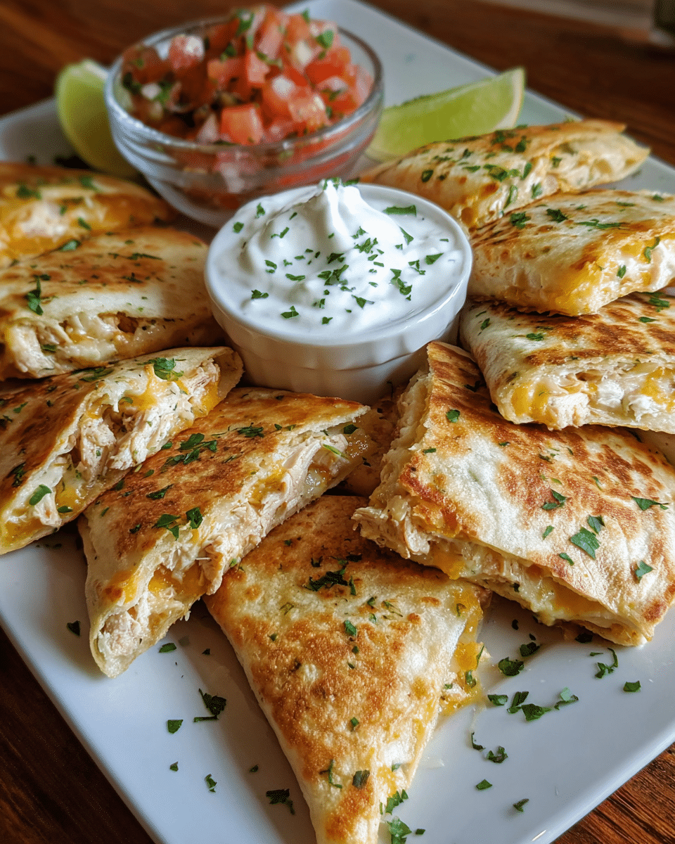 Mini quesadilla wedges served with lime crema and fresh garnishes