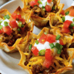 Mini taco cups baked in wonton wrappers with beef cheese and fresh toppings