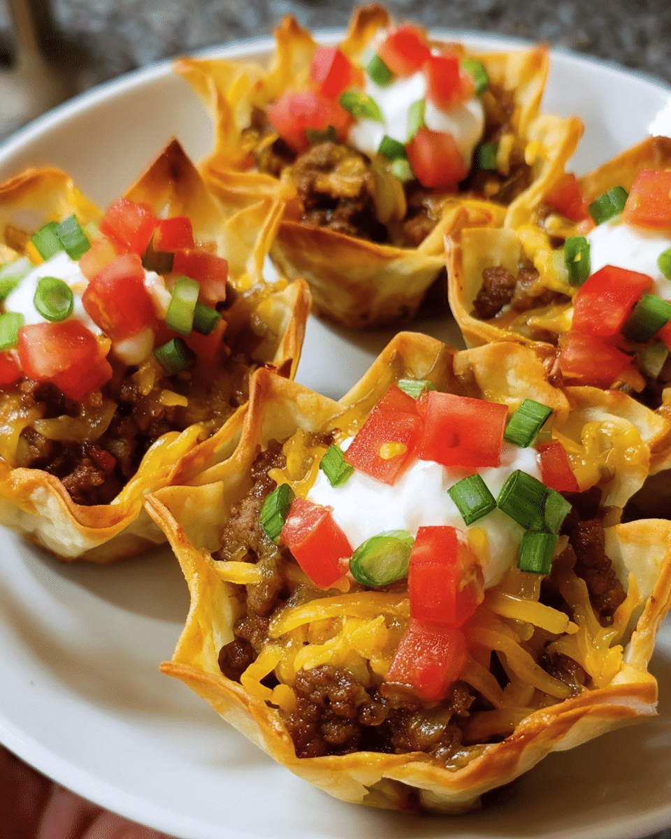 Mini taco cups baked in wonton wrappers with beef cheese and fresh toppings