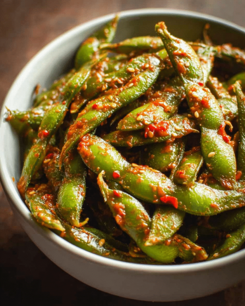 Bowl of spicy garlic edamame coated in savory chili garlic sauce