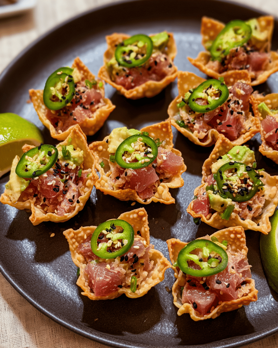 Spicy tuna wontons served in crispy baked wonton cups with avocado and jalapeño