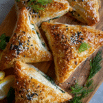 Freshly baked spinach feta triangles on a serving platter with lemon wedges